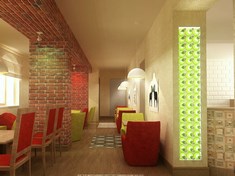 2fk-projekt-wnetrz-wroclaw-legnica-boleslawiec-restauracja-bar-kawiarnia-biala-cegla-tapeta-kolorowe-tapicerki-fotele-lampy-wiklinowe-zielone-butelki-drewno-3